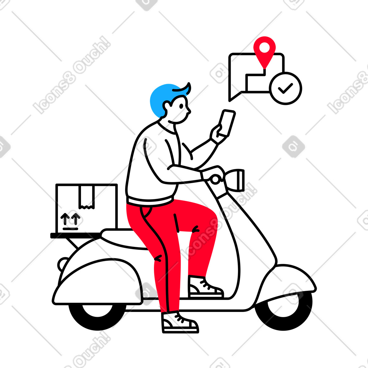 Transistor スタイルの 電話を持ってスクーターに乗って荷物を配達する配達員 のイラストをPNG、SVG形式でダウンロード