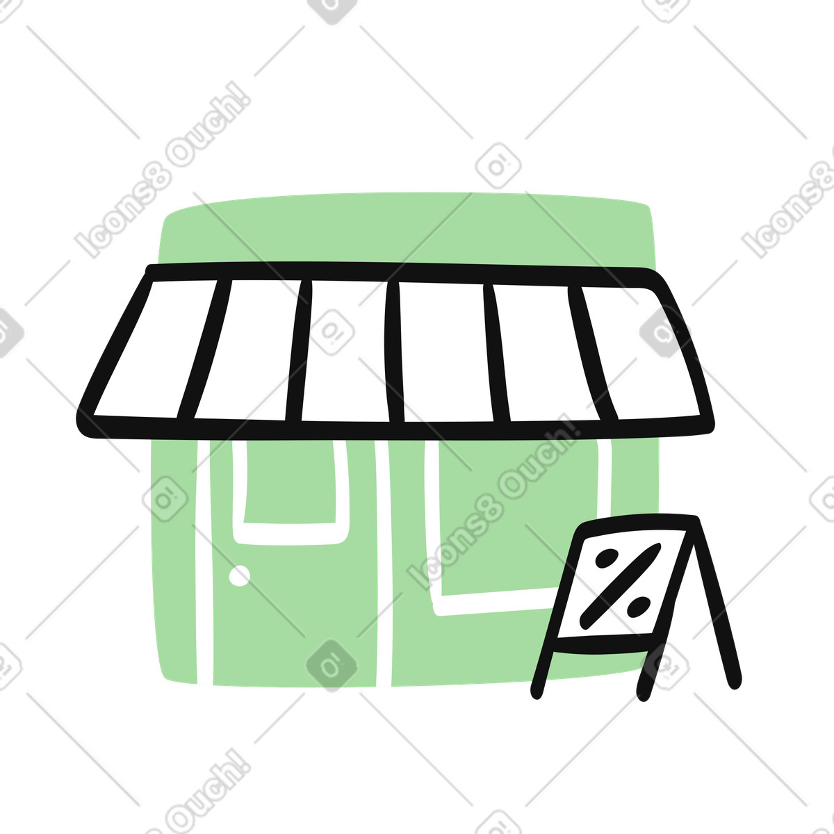 Small shop building showing entrance door and outdoor discount board illustrazione in stile Organic scarica in PNG, SVG