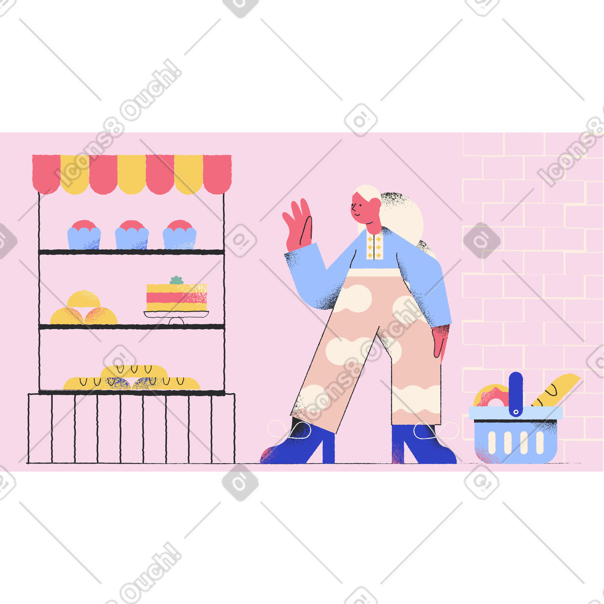 Illustration Une femme achète des bonbons dans épicerie le style Pablo à télécharger aux formats PNG, SVG