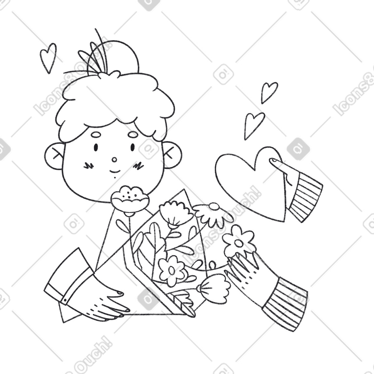 Ilustração de Menina recebe flores e um coração do seu amado. em no estilo Bonbon Line para baixar em PNG, SVG