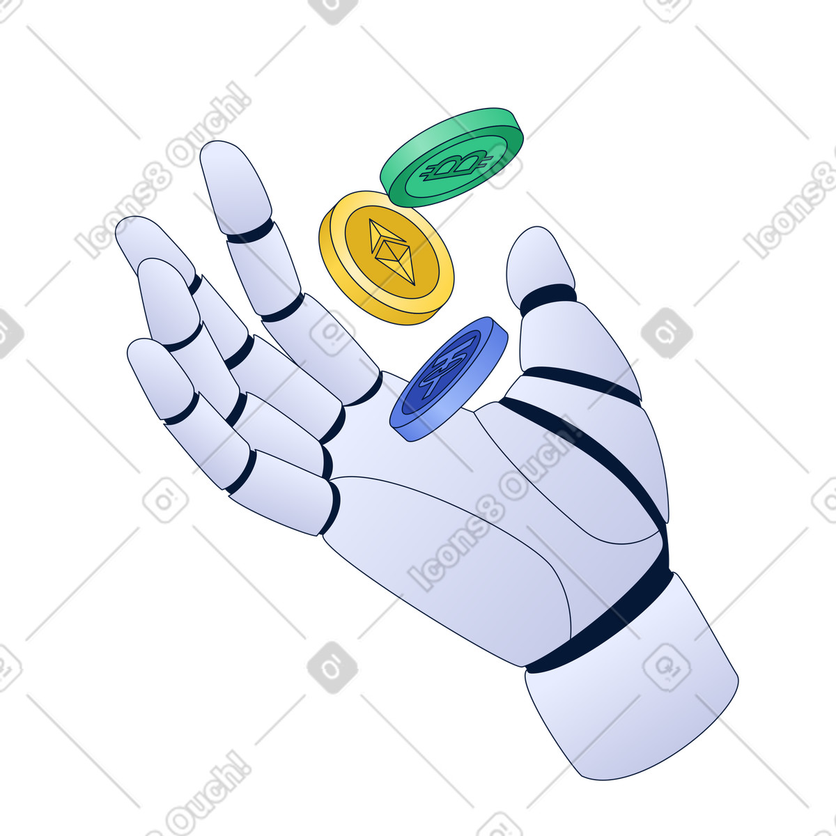 Futuristic robot hand with crypto coins, Decentralized finance and AI automation illustration in PNG, SVG