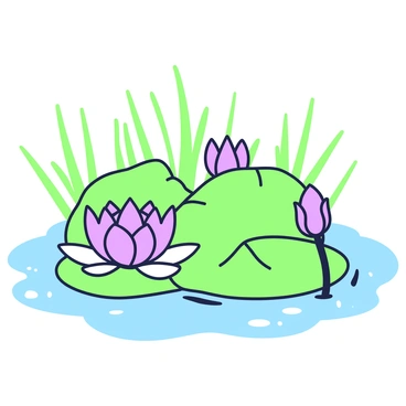 A cluster of waterlilies is floating on the surface of a bog. The waterlilies have large, rounded green leaves that rest on the water, providing a base for the delicate flowers. Some of the flowers are in full bloom, displaying intricate layers of petals while others are closed. The surface of the water is calm, reflecting the surrounding foliage. In the background, tall grasses and reeds stand alongside the bog, adding texture and depth to the scene. Small ripples can be seen around the edges of the leaves, indicating a gentle breeze.