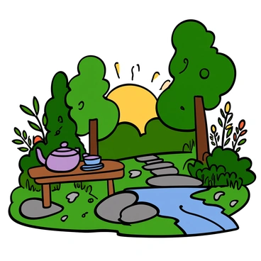 A picturesque tea garden with lush green plants and colorful flowers. In the foreground, there is a small wooden table set with a traditional tea set, including a teapot and cups. The scene features a gentle stream flowing nearby, surrounded by delicate stones. Sunlight filters through the leaves of tall trees, creating a soft, warm glow in the garden. A stone path leads through the vibrant foliage, inviting exploration and tranquility.