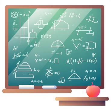 A vintage classroom chalkboard fills the background, covered with dense mathematical equations and intricate diagrams in white chalk. The equations include algebraic expressions, geometric shapes, and graphs. A wooden chalk tray at the bottom holds several pieces of chalk, with a small eraser resting beside them. The edges of the chalkboard are framed in dark wood, showing signs of wear and age. To the side, a faded red apple sits on a wooden desk, complementing the warm tones of the classroom ambiance.