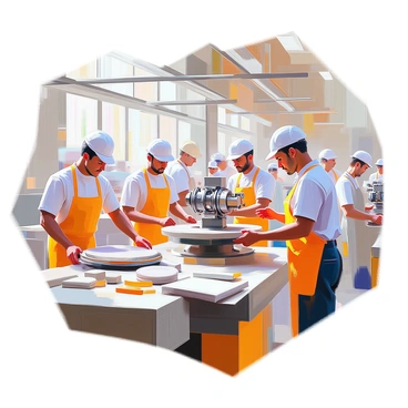 A lively factory assembly line with multiple workers focused on assembling spinning jennies. Several workers with different skin tones are engaged in various tasks, wearing work aprons and using tools. The spinning jennies, large and intricate machines, are positioned on the assembly line, with parts and materials distributed around them. The interior of the factory is filled with natural light streaming through large windows, illuminating the busy atmosphere. Some workers are collaborating, while others are concentrating on their individual tasks, creating a dynamic scene of teamwork and productivity.