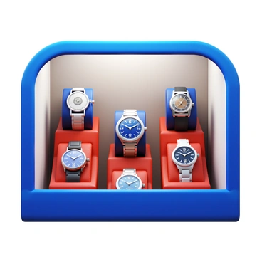 A showcase in a watch store displaying elegant luxury timepieces. The luxury watches are arranged on plush velvet stands, showcasing their intricate designs and fine craftsmanship. Each watch features a glimmering face with detailed hour markers and a variety of straps including leather and metal. Soft lighting highlights the reflective surfaces of the timepieces, enhancing their elegance. The background complements the showcase, adding a touch of sophistication to the overall presentation.