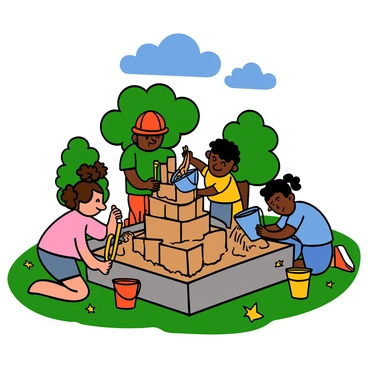 A group of children with different skin tones and hairstyles are playing in a sandbox in a park. One child with light skin and curly hair is kneeling, focused intently as they dig in the sand with a small yellow shovel. Another child with dark skin and braided hair is building a tall sandcastle, carefully stacking sand on top of each other, wearing a bright red bucket hat. A third child with medium skin and short straight hair is pouring sand from a blue bucket into a mold shaped like a star. Nearby, colorful toys like buckets, shovels, and sand molds are scattered around, providing an energetic and playful atmosphere. Green grass surrounds the sandbox, with trees in the background under a clear blue sky.