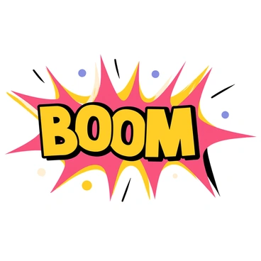 A classic comic book style explosion with vibrant colors, featuring sharp, jagged lines radiating outward. In the center, there is a large, bold "BOOM" in bright yellow letters outlined in black. The explosion has bursts of red, orange, and white flames, creating a dramatic effect. Surrounding the explosion, there are scattered comic-style action lines to emphasize the impact.