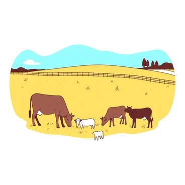 A yellow field stretches out under a clear blue sky, with a few patches of sparse grass visible on the ground. In the foreground, a group of brown cows is grazing slowly on the remaining grass. A couple of white sheep are scattered throughout the area, nibbling at the ground. In the distance, a wooden fence marks the boundary of the field, with a few trees dotting the horizon. The overall scene captures the rural landscape where livestock coexist with the effects of overuse on the grassland.