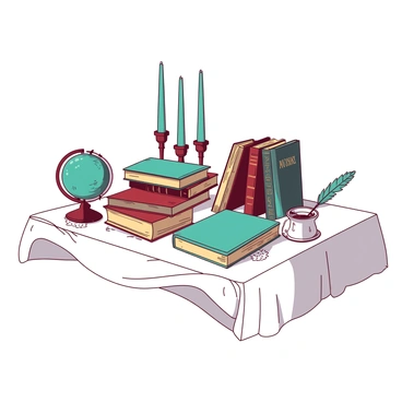 A white display table is filled with various historical books, each with ornate covers and gilded lettering. Surrounding the books are period-appropriate decorations, including a small teal globe on one side, and an elegant feather quill with an inkpot on the other. There are also vintage candlesticks with unlit teal candles standing tall at the back of the table. Delicate lace doilies serve as a base for the books, enhancing the overall period feel of the display.
