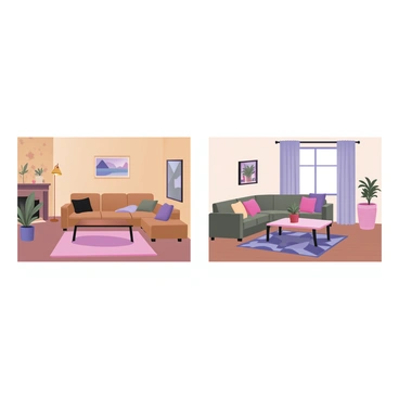 A digital flat illustration of a "home renovation project" featuring two side-by-side panels. The left panel displays the "before" image of a dated living room with faded wallpaper, a worn-out couch, and a cluttered coffee table. There are a few potted plants and a traditional lamp with a yellow shade. The right panel shows the "after" image, showcasing a modern living room with bright white walls, a sleek grey couch, and a minimalistic coffee table. Natural light streams in from a large window adorned with sheer curtains. There are vibrant decorative pillows on the couch and a stylish geometric rug on the floor. A piece of abstract art hangs on the wall, and a small bookshelf with neatly arranged books is visible in the background.