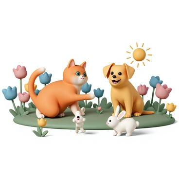A cat, with fluffy orange fur and bright green eyes, is playfully batting at a small fluffy rabbit that has soft white fur and a twitching pink nose. The rabbit is hopping around in excitement. Nearby, a friendly dog, with a golden coat and wagging tail, watches the cat and rabbit with a joyful expression. The garden is filled with vibrant flowers in various colors, including red, blue, and yellow, with lush green grass underneath. Sunlight filters through the leaves of nearby trees, creating a cheerful atmosphere.