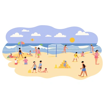 A sandy beach filled with people sunbathing, playing beach volleyball, and building sandcastles. Colorful umbrellas are scattered across the scene, providing shade to some beachgoers. The ocean waves are gently rolling in, with white frothy crests breaking at the shore. In the foreground, a beach ball is bouncing between two children. People are scattered along the shoreline, with some wading through the shallow water. A vibrant blue sky is filled with fluffy white clouds, adding to the lively atmosphere of the day.