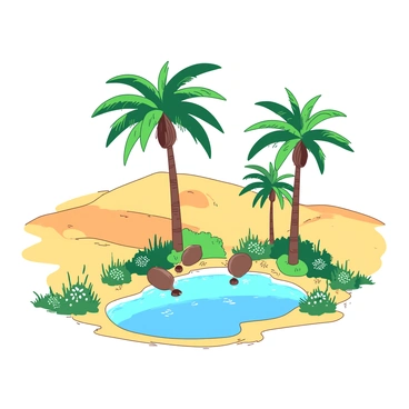 A small oasis surrounded by golden sand dunes glimmers under the bright sun. In the center, there are several tall, green palm trees providing shade, their fronds swaying gently in the warm breeze. At the base of the trees, vibrant green grass and delicate flowers bloom, contrasting sharply with the surrounding desert. A clear, tranquil pool of water reflects the blue sky above, creating a serene focal point within the sandy landscape. Small creatures can be seen drinking from the water, enhancing the life within this hopeful oasis.