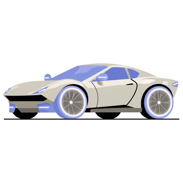 A sleek, futuristic car with an aerodynamic shape and shiny metallic surfaces. The car features robotic elements, including articulated joints and mechanical limbs integrated into its design. Its windows are tinted with a reflective blue hue, and the headlights resemble sharp, glowing eyes. The wheels are equipped with advanced technology, showing intricate patterns and glowing accents. The overall color scheme combines silver and neon blue, enhancing its high-tech appearance.