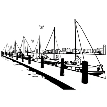A harbor walkway extending along the water's edge, lined with multiple sailboats moored to wooden posts. Several fishermen, each engaged in their own activity, are seen casting lines into the water. White seagulls are perched on the railing and flying overhead, creating a lively atmosphere. The scene includes a backdrop of distant buildings along the waterfront, completing the harbor setting.