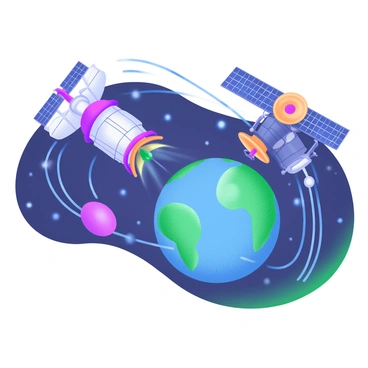 A modern pastel illustration depicting several satellites orbiting a vibrant blue Earth. Each satellite is designed with various antennas and solar panels, showcasing details such as shiny metallic surfaces and colorful accents. Surrounding the Earth are curved lines representing internet signals, connecting various locations around the globe. The background features a starry night sky, enhancing the sense of space and technology.
