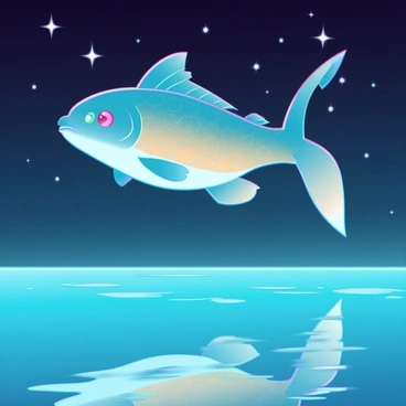 A "rare Magikarp" with shimmering golden scales is "jumping" gracefully beneath a "starry night sky." The stars twinkle brightly, casting a soft glow across the scene. The "calm water below" reflects both the "magical creature" and the "night sky," creating a mirrored effect. The atmosphere is serene, with gentle ripples forming on the surface of the water as the Magikarp leaps into the air.