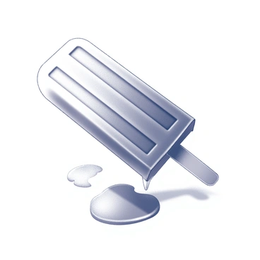 A popsicle placed on a flat surface, starting to melt. The popsicle is elongated with a smooth, glossy texture, and it is dripping down the sides. Below the popsicle, a small puddle of melted juice is forming, spreading out from the base. The surrounding area shows the effects of heat, with subtle reflections and shadows cast by the popsicle.