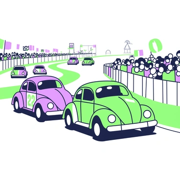 A series of Beetle cars are racing on a track during a vintage car race event. In the foreground, two Beetle cars are in close competition, one in a bright design with a number "22" on its side, while the other is painted in a classic color scheme with a racing stripe. The track is set against a crowd of enthusiastic spectators lining the sides, waving flags and cheering. In the background, more Beetle cars can be seen at various points along the track, with one approaching a sharp turn, showcasing its rounded shape and distinct headlights. The sun casts shadows on the pavement, highlighting the excitement of the race day atmosphere.