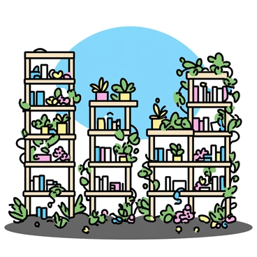 An outdoor garden filled with tall, wooden bookshelves, each shelf brimming with vibrant green plants and curling vines instead of books. The sunlight streams down, casting soft shadows across the garden. Surrounding the bookshelves are various colorful flowers blooming in the rich, dark soil. Some vines drape down gracefully, intertwining with the shelves, while others climb upwards, creating a lush canopy. In the background, a clear blue sky stretches above, enhancing the peaceful ambiance of the garden.