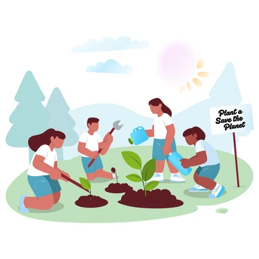 A group of four children is planting young trees in a grassy park. Two children are digging holes in the soil with small shovels, while another child is gently placing a small sapling into one of the holes. The fourth child is watering a newly planted tree with a bright blue watering can. In the background, there are other trees, and the sun is shining down, creating a warm atmosphere. A "Plant a Tree, Save the Planet" sign is staked into the ground nearby, highlighting their conservation efforts.