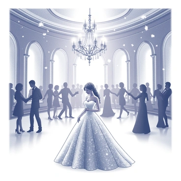 A grand ballroom decorated for a winter-themed event. The scene features a "snow queen" standing elegantly in the center, adorned in a "crystalline ball gown" that shimmers under the ambient light. The gown has intricate patterns resembling ice crystals and flows gracefully around her. Snowflakes, delicately falling from above, add to the enchanting atmosphere. Elegant chandeliers hang from the ceiling, casting soft light across the room, while guests in formal attire dance gracefully in the background. Frosty tendrils of ice decor adorn the walls, enhancing the wintry theme.