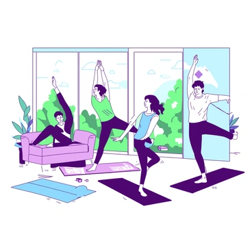 A group of employees engaging in a yoga session during a wellness break in a bright office space. There are four employees, two men and two women, each wearing comfortable athletic clothing. One woman is in a downward-facing dog pose, while a man balances on one leg in a tree pose. Another woman is seated with her legs crossed in a meditative position, and the last man is stretching his arms upward. A few yoga mats in various colors are spread across the floor, and large windows let in natural light, showcasing a vibrant green view outside.