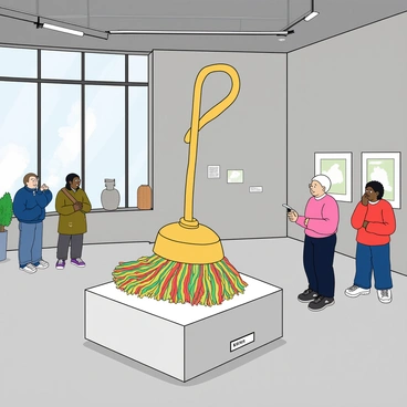 A mop transformed into a whimsical sculpture in a modern art gallery