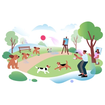 A vibrant pet park filled with various dogs of different breeds playing joyfully. Golden retrievers are chasing a bright red frisbee while a small beagle digs excitedly in the grass. Nearby, two artists are set up with easels, painting the lively scene. One artist is capturing the playful interactions of the dogs with a canvas displaying a blend of colors, while the other focuses on a dog leaping in the air. Surrounding the area are trees with lush green leaves and a few benches where dog owners relax and chat.