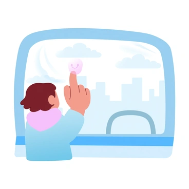 A child is standing inside a school bus, drawing with their finger on a foggy window. The child has short hair and is wearing a colorful jacket. The window is covered in condensation, creating a hazy effect. The child's finger traces a simple shape, such as a heart or a smiley face. Outside the bus, blurred shapes of trees and buildings can be seen through the foggy glass, creating a soft background. The atmosphere is playful and captures the innocence of childhood creativity.