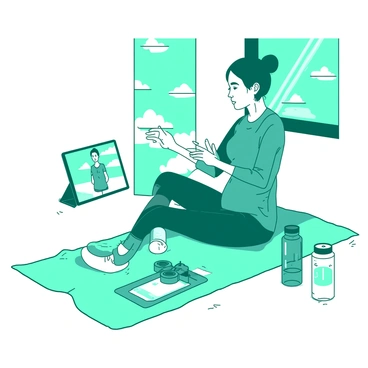 A teal person is sitting on a white exercise mat, performing Russian twists with a tablet placed in front of them. The tablet displays a virtual class, featuring an instructor demonstrating exercises. The person is wearing comfortable workout clothes and is in the middle of a twist, with their hands clasped together. Around them, the home environment includes a water bottle and a small set of weights, adding to the workout setting. Natural light streams in through a nearby window, illuminating the scene.