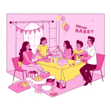 A festive baby shower with decorations, gifts, and guests celebrating together.