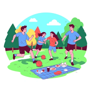 A group of friends is engaged in a casual game of football in a green park. There are four players, two wearing blue jerseys and two in red. The players are actively running, with one red jersey player in the process of kicking a bright orange football. In the background, colorful trees and a few fluffy clouds are visible against a blue sky. A picnic blanket with snacks and drinks is spread out nearby, indicating a fun day outdoors. Excitement is evident on their faces as they enjoy their time together.