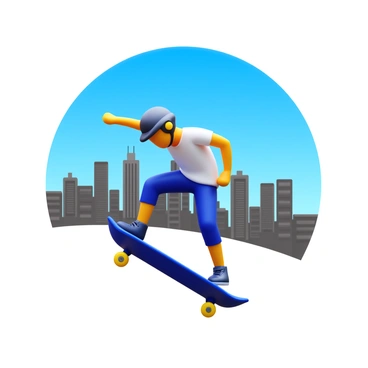 A skateboarder performing a mid-air trick with one foot on the board and the other extended, showcasing balance and skill. The skateboard is positioned sideways, caught in the moment of the trick. In the background, a detailed cityscape skyline stretches across the horizon, featuring a variety of tall buildings and structures. The sky above is a vibrant blue, contrasting with the urban scene. The skateboarder wears a helmet and protective gear, emphasizing safety while performing the stunt.