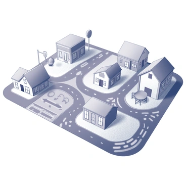 A play mat designed for children, showcasing a detailed cityscape. The mat features a network of roads winding through various buildings, including houses, shops, and parks. There are distinct areas for different activities, such as a playground, a parking lot, and a school, each clearly marked. The buildings have different shapes and sizes, adding variety to the landscape. The roads are lined with dashed markings, and there are also pedestrian crossings and traffic signs placed throughout the scene, creating an interactive and engaging environment for children.
