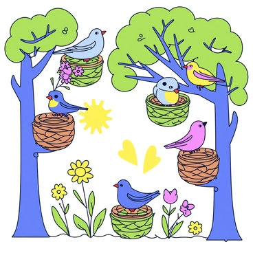 A variety of birds nesting in trees within a wildlife sanctuary. There are colorful songbirds with bright feathers perched on branches. Each nest is intricately woven with twigs and leaves, blending naturally into the trees. The sanctuary features tall, leafy trees with a vibrant green canopy, and the ground is dotted with wildflowers in various colors. Sunlight filters through the leaves, creating patterns on the ground.
