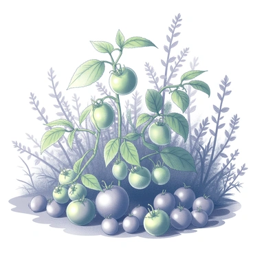 A variety of wild tomato plants growing in a natural setting. The plants have lush green leaves with intricate shapes and varying sizes. Scattered among the foliage are clusters of small, round tomatoes in different shapes and textures, showcasing the diversity of species. In the background, other native vegetation creates a rich tapestry of plant life, contributing to the habitat. Sunlight filters through the leaves, casting shadows and highlighting the vibrant details of the tomatoes and plants.