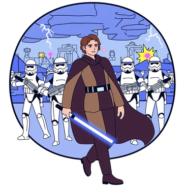 Anakin Skywalker stands confidently at the forefront, wearing a dark brown cloak that flows behind him. He holds a blue lightsaber in one hand, ignited and glowing. Behind him, several clone troopers in white armor march in formation, their helmets reflecting light. The battlefield is filled with futuristic machinery and structures in the background, showcasing an advanced war-torn landscape. Explosions and blaster fire can be seen in the distance, adding a sense of urgency to the scene. The sky is a mix of dark clouds and flashes of lightning, enhancing the dramatic atmosphere.