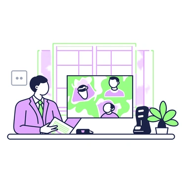A client is seated at a sleek conference table in a modern office space. The client is wearing a tailored suit and is facing a large screen that displays various illustrations. The screen features three distinct illustrations, each surrounded by green and purple outlines for emphasis. The client is holding a notebook and a pen, taking notes as they provide feedback. In the background, there are large windows allowing natural light to fill the room, and a potted plant adds a touch of greenery to the scene. A digital tablet rests on the table next to the client, displaying additional information related to the presentation.