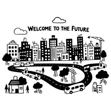 A city expanding over time from a small town to a bustling metropolis
