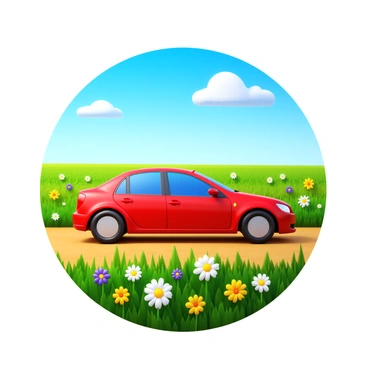 A car parked by a vast field of blooming wildflowers under a sunny sky