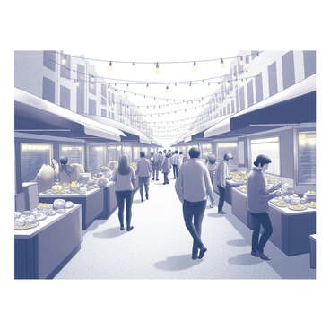 A bustling evening market scene filled with various stalls. Each stall features an array of food items, some displayed on tables, while others are being actively cooked. The paths between the stalls are crowded with people, some carrying bags filled with food, while others are gathered around tables sharing meals. Above the stalls, strings of fairy lights hang, illuminating the scene with a warm glow. The architecture of nearby buildings is visible in the background, contributing to the vibrant atmosphere of the market.