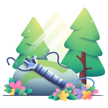 A tattoo machine is placed on a moss-covered rock in a natural setting. Surrounding the machine are tall, lush green trees with sunlight filtering through the leaves, casting dappled shadows. Colorful flowers in shades of pink, yellow, and purple bloom nearby, their petals glistening with morning dew. The tattoo machine has a sleek metal design, and its cords intertwine with the greenery, creating a seamless blend with the environment. A gentle breeze rustles the leaves, adding a sense of movement to the tranquil scene.