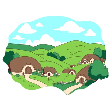 A panoramic view of "Hobbiton" from a grassy hilltop, showcasing "rolling hills" in the background. In the foreground, there are several "quaint hobbit houses" with round doors and windows nestled into the hills. Each house is surrounded by lush greenery and colorful flowers. The sky above is "clear" with a few "fluffy white clouds" scattered throughout. The overall scene captures the idyllic charm of the hobbit village in a picturesque landscape.