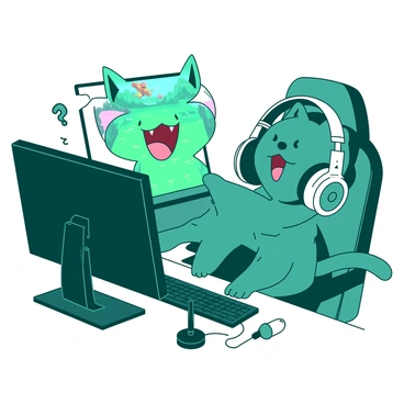 A teal cartoon cat wearing large white headphones is sitting in front of a black computer setup. The cat is animatedly talking, with its mouth open in a wide smile, showing excitement. The computer screen displays a colorful game with action scenes. A small white microphone is positioned in front of the cat, capturing its enthusiastic voice. The background includes a cozy gaming chair and a few gaming accessories scattered around the desk, enhancing the gaming atmosphere.