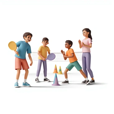 A group of four kids, two boys and two girls, are on a pickleball court, actively engaged in learning the game. One boy, wearing a blue t-shirt and red shorts, is holding an oversized yellow paddle and smiling broadly as he prepares to hit the ball. The other boy, dressed in an orange t-shirt and green shorts, is in mid-swing, looking focused. One girl, wearing a pink tank top and purple leggings, stands ready with a large purple paddle, while the other girl, in a yellow shirt and blue shorts, is clapping her hands in encouragement. They are surrounded by colorful cones and a net in the background, creating a lively atmosphere.
