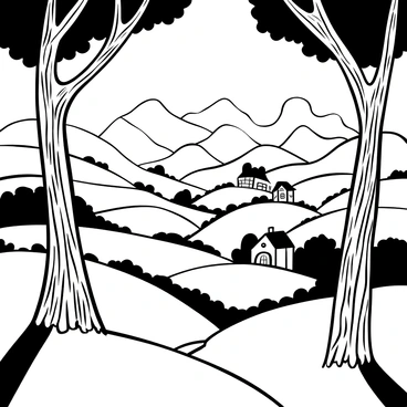 A panoramic view of rolling hills with varying elevations in Himachal Pradesh. The hills are covered with terraced fields, showcasing distinct layers of crops. In the foreground, there are large trees with detailed bark patterns casting shadows on the ground. The background features mountains rising in the distance, partially covered by clouds. There are small wooden houses scattered across the hillsides, with smoke gently rising from chimneys. The scene conveys a sense of vastness and natural beauty.