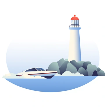 A small power boat with a sleek design is moving swiftly towards a tall, white lighthouse situated on a rocky shore. The lighthouse has a red top and a glass lantern room, and it stands prominently against the clear blue sky. Surrounding the base of the lighthouse, there are rugged rocks jutting out of the water, some splashed with foamy waves as they meet the sea. The power boat leaves a trail of rippling waves behind it as it cuts through the calm water, and its engine creates a gentle humming sound as it approaches the lighthouse. In the background, the horizon blends seamlessly into the sky, creating a serene yet dynamic coastal scene.