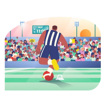 A kicker with short brown hair is standing on the field, preparing to make a kickoff. He is wearing a dark blue uniform with white stripes and bright yellow cleats. The football is held firmly on the tee in front of him. The packed stadium is filled with excited fans, all wearing team colors, waving flags, and holding up signs. The sky is a gradient of warm oranges and purples as the sun sets in the background. Bright stadium lights are starting to illuminate the field, casting long shadows. In the distance, the scoreboard displays the game time and score.